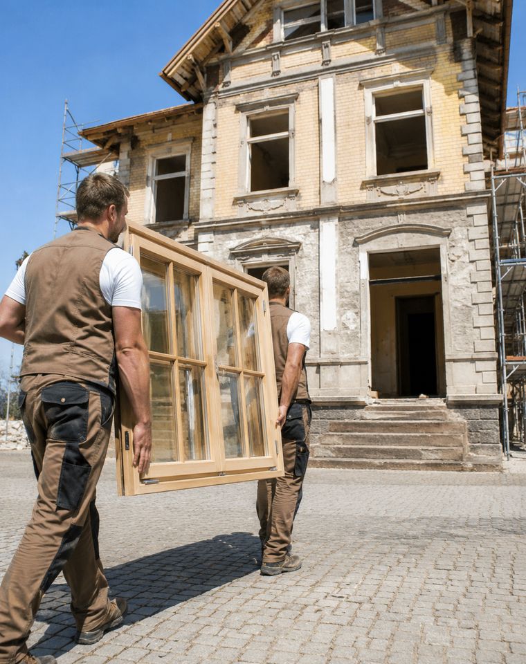 Schreiner beim Einbau eines Fensters in einen Altbau, der garade saniert wird.